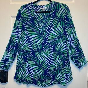 Old Navy The Tunic Blouse Top Royal Blue And Green Palm Leaf Print Tunic Sz L
